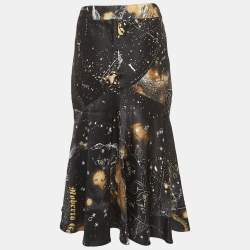 Pre Owned Roberto Cavalli Black Constellation Print Silk Flared Midi Skirt S