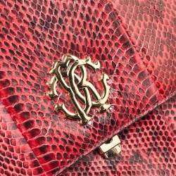 Roberto Cavalli Red Water Snakeskin Flap Top Handle Bag