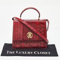 Roberto Cavalli Red Water Snakeskin Flap Top Handle Bag