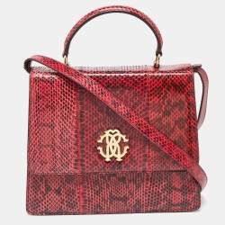 Roberto Cavalli Red Water Snakeskin Flap Top Handle Bag