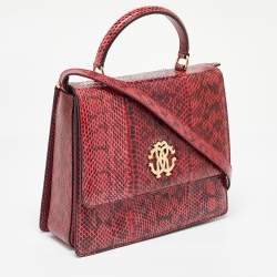 Roberto Cavalli Red Water Snakeskin Flap Top Handle Bag