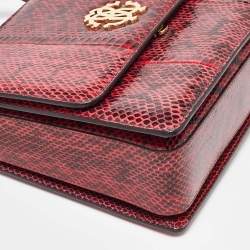Roberto Cavalli Red Water Snakeskin Flap Top Handle Bag