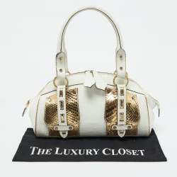 Roberto Cavalli White/Gold Croc Embossed Leather and Snakeskin Satchel