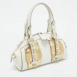 Roberto Cavalli White/Gold Croc Embossed Leather and Snakeskin Satchel