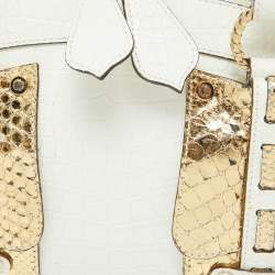 Roberto Cavalli White/Gold Croc Embossed Leather and Snakeskin Satchel