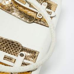 Roberto Cavalli White/Gold Croc Embossed Leather and Snakeskin Satchel