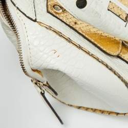 Roberto Cavalli White/Gold Croc Embossed Leather and Snakeskin Satchel
