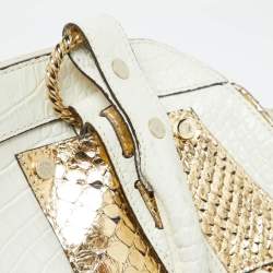 Roberto Cavalli White/Gold Croc Embossed Leather and Snakeskin Satchel