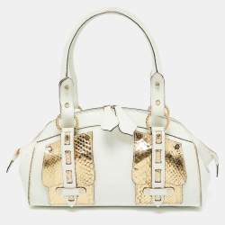 Roberto Cavalli White/Gold Croc Embossed Leather and Snakeskin Satchel