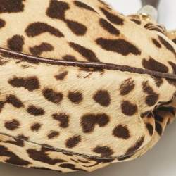 Pre Owned Roberto Cavalli Beige/Brown Leopard Calfhair and Croc Embossed Leather RC Logo Hobo