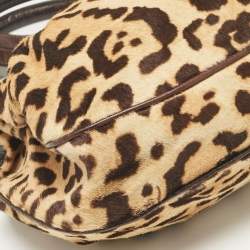 Pre Owned Roberto Cavalli Beige/Brown Leopard Calfhair and Croc Embossed Leather RC Logo Hobo