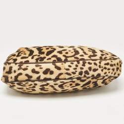 Pre Owned Roberto Cavalli Beige/Brown Leopard Calfhair and Croc Embossed Leather RC Logo Hobo