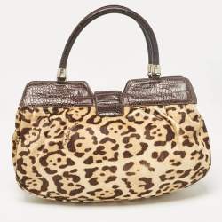 Pre Owned Roberto Cavalli Beige/Brown Leopard Calfhair and Croc Embossed Leather RC Logo Hobo