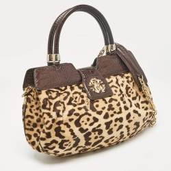 Pre Owned Roberto Cavalli Beige/Brown Leopard Calfhair and Croc Embossed Leather RC Logo Hobo