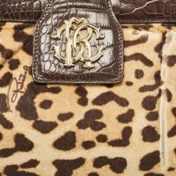 Pre Owned Roberto Cavalli Beige/Brown Leopard Calfhair and Croc Embossed Leather RC Logo Hobo