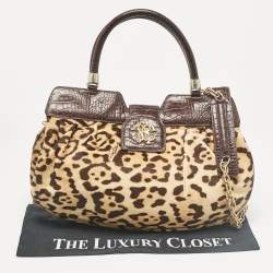 Pre Owned Roberto Cavalli Beige/Brown Leopard Calfhair and Croc Embossed Leather RC Logo Hobo