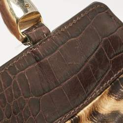 Pre Owned Roberto Cavalli Beige/Brown Leopard Calfhair and Croc Embossed Leather RC Logo Hobo