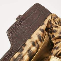 Pre Owned Roberto Cavalli Beige/Brown Leopard Calfhair and Croc Embossed Leather RC Logo Hobo