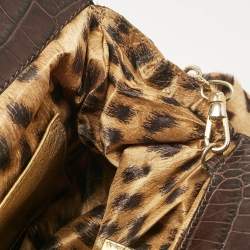 Pre Owned Roberto Cavalli Beige/Brown Leopard Calfhair and Croc Embossed Leather RC Logo Hobo