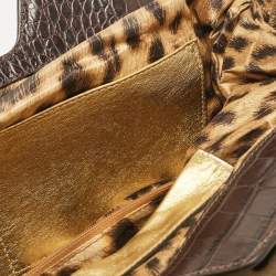 Pre Owned Roberto Cavalli Beige/Brown Leopard Calfhair and Croc Embossed Leather RC Logo Hobo