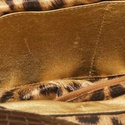 Pre Owned Roberto Cavalli Beige/Brown Leopard Calfhair and Croc Embossed Leather RC Logo Hobo