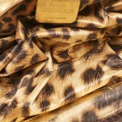 Pre Owned Roberto Cavalli Beige/Brown Leopard Calfhair and Croc Embossed Leather RC Logo Hobo