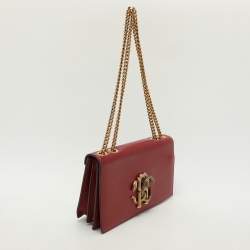 Roberto Cavalli Red Leather RC Monogram Flap Chain Bag