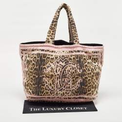 Roberto Cavalli Multicolor Fabric Leopard Print Logo Shopper Tote