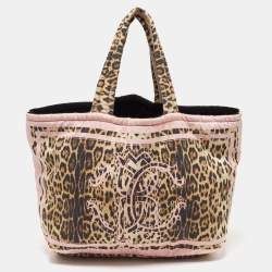 Roberto Cavalli Multicolor Fabric Leopard Print Logo Shopper Tote