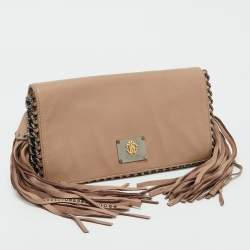 Roberto Cavalli Beige Leather Tassel Chain Link Clutch