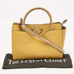 Roberto Cavalli Yellow Leather and Python Lion Logo Tote