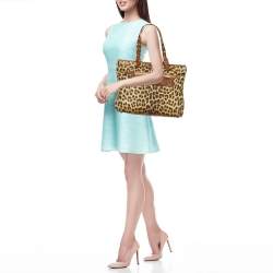 Roberto Cavalli Brown Leopard Print Straw and Leather Front Zip Tote