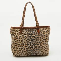 Roberto Cavalli Brown Leopard Print Straw and Leather Front Zip Tote