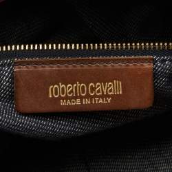 Roberto Cavalli Brown Leopard Print Straw and Leather Front Zip Tote