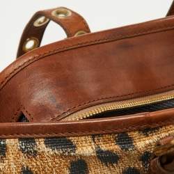 Roberto Cavalli Brown Leopard Print Straw and Leather Front Zip Tote
