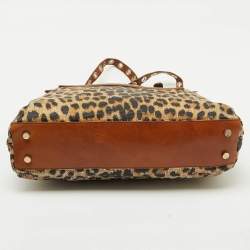Roberto Cavalli Brown Leopard Print Straw and Leather Front Zip Tote