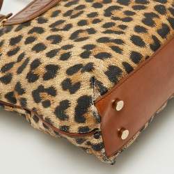 Roberto Cavalli Brown Leopard Print Straw and Leather Front Zip Tote