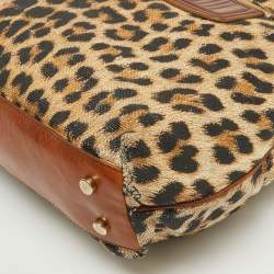 Roberto Cavalli Brown Leopard Print Straw and Leather Front Zip Tote
