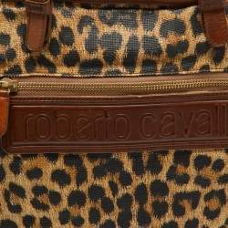 Roberto Cavalli Brown Leopard Print Straw and Leather Front Zip Tote