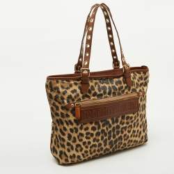 Roberto Cavalli Brown Leopard Print Straw and Leather Front Zip Tote