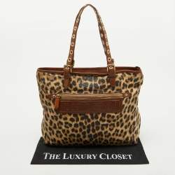 Roberto Cavalli Brown Leopard Print Straw and Leather Front Zip Tote
