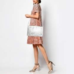 Roberto Cavalli Silver Perforated Zebra Effect Leather Chain Flap Clutch