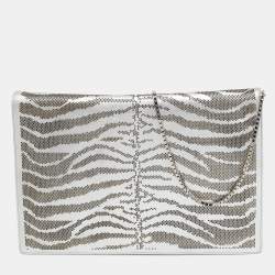 Roberto Cavalli Silver Perforated Zebra Effect Leather Chain Flap Clutch