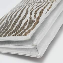 Roberto Cavalli Silver Perforated Zebra Effect Leather Chain Flap Clutch