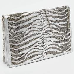 Roberto Cavalli Silver Perforated Zebra Effect Leather Chain Flap Clutch