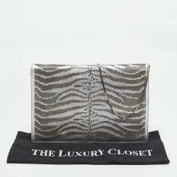Roberto Cavalli Silver Perforated Zebra Effect Leather Chain Flap Clutch