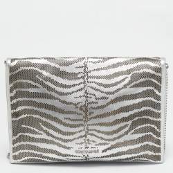 Roberto Cavalli Silver Perforated Zebra Effect Leather Chain Flap Clutch