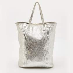 Roberto Cavalli Silver Python Embossed Leather RC Shopper Tote