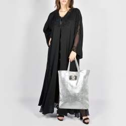 Roberto Cavalli Silver Python Embossed Leather RC Shopper Tote