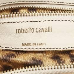 Roberto Cavalli White/Brown Leopard Print Canvas Tassel Hobo